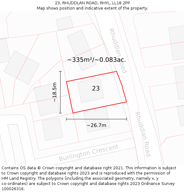 23, RHUDDLAN ROAD, RHYL, LL18 2PP: Plot and title map