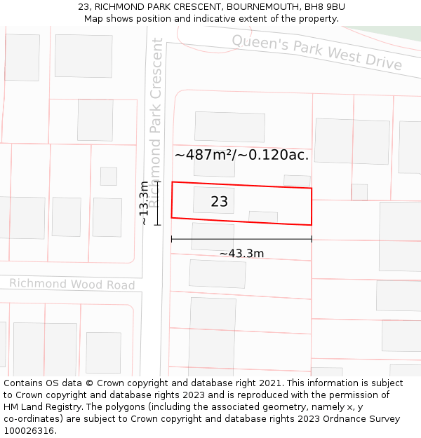 23, RICHMOND PARK CRESCENT, BOURNEMOUTH, BH8 9BU: Plot and title map