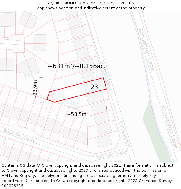 23, RICHMOND ROAD, AYLESBURY, HP20 1PN: Plot and title map