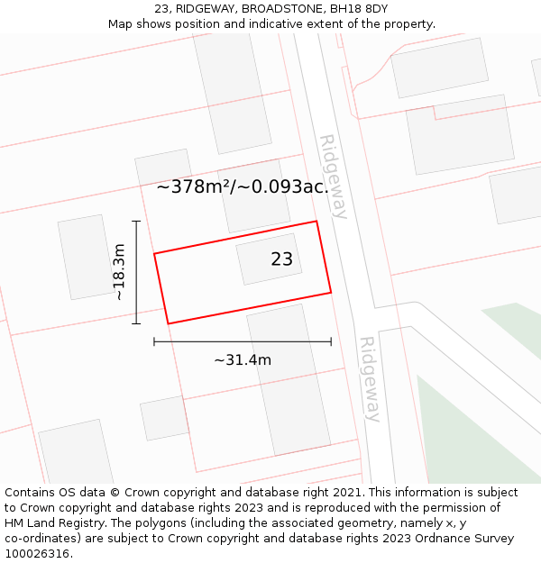 23, RIDGEWAY, BROADSTONE, BH18 8DY: Plot and title map