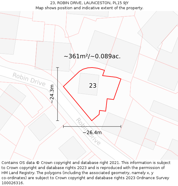 23, ROBIN DRIVE, LAUNCESTON, PL15 9JY: Plot and title map