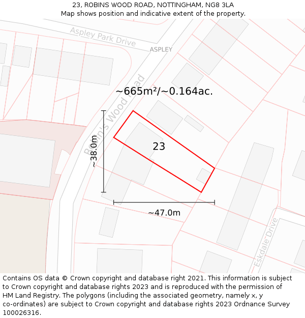 23, ROBINS WOOD ROAD, NOTTINGHAM, NG8 3LA: Plot and title map