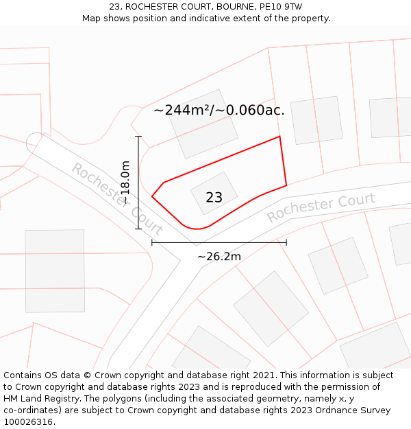 23, ROCHESTER COURT, BOURNE, PE10 9TW: Plot and title map