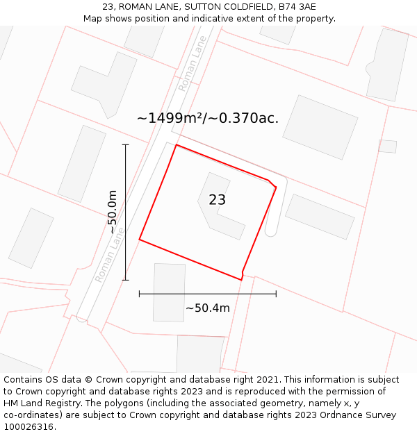 23, ROMAN LANE, SUTTON COLDFIELD, B74 3AE: Plot and title map