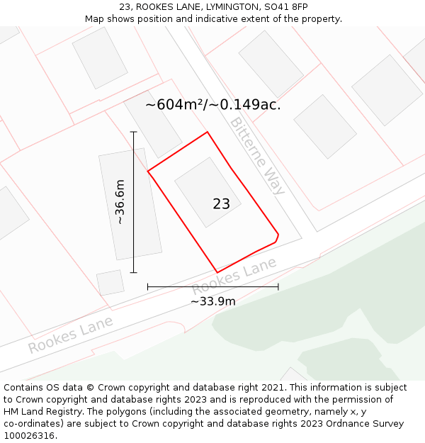 23, ROOKES LANE, LYMINGTON, SO41 8FP: Plot and title map