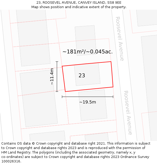 23, ROOSEVEL AVENUE, CANVEY ISLAND, SS8 9EE: Plot and title map