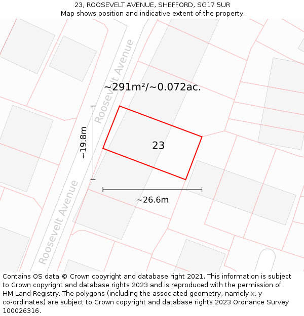 23, ROOSEVELT AVENUE, SHEFFORD, SG17 5UR: Plot and title map