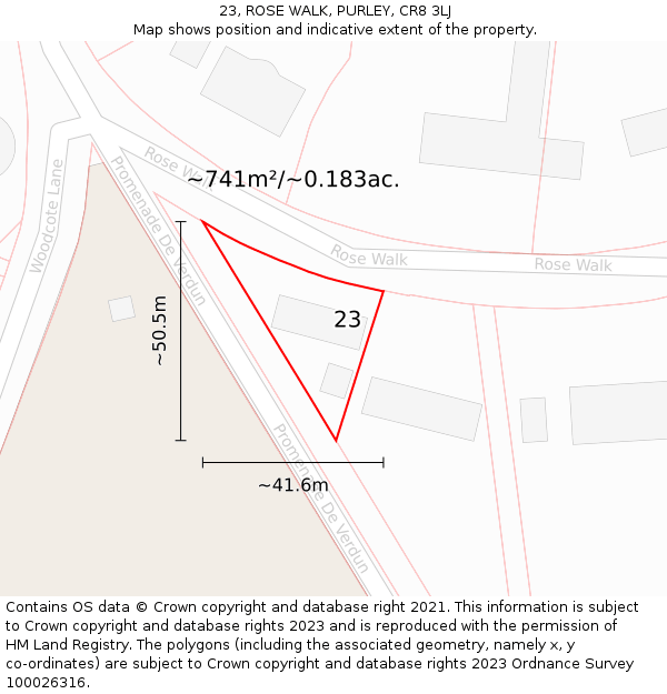 23, ROSE WALK, PURLEY, CR8 3LJ: Plot and title map