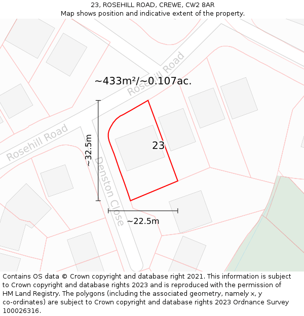 23, ROSEHILL ROAD, CREWE, CW2 8AR: Plot and title map