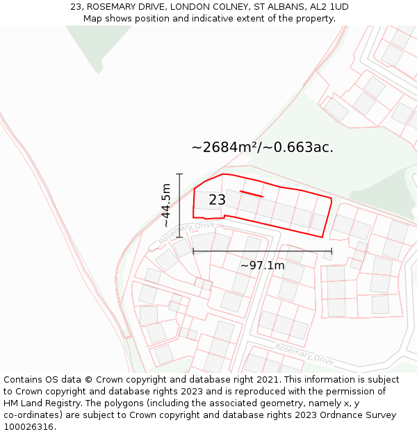 23, ROSEMARY DRIVE, LONDON COLNEY, ST ALBANS, AL2 1UD: Plot and title map