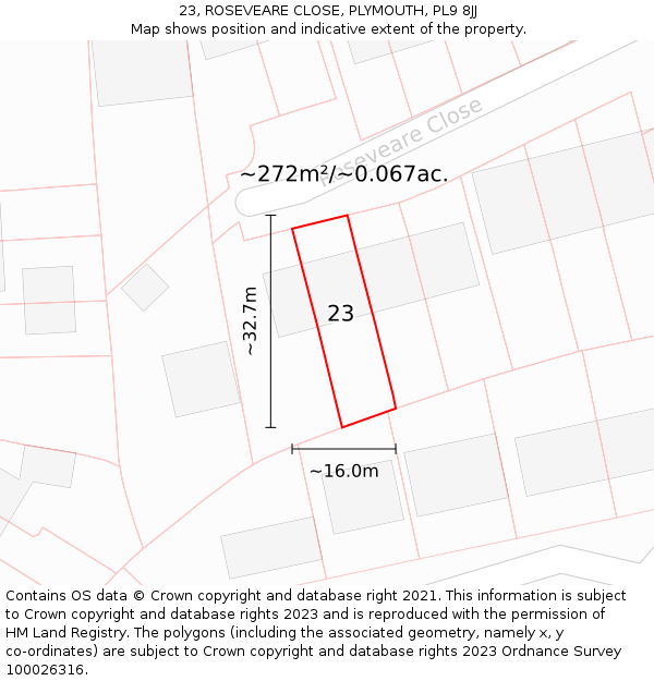 23, ROSEVEARE CLOSE, PLYMOUTH, PL9 8JJ: Plot and title map