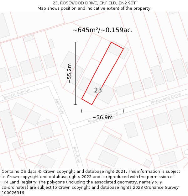 23, ROSEWOOD DRIVE, ENFIELD, EN2 9BT: Plot and title map