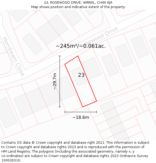 23, ROSEWOOD DRIVE, WIRRAL, CH46 6JA: Plot and title map