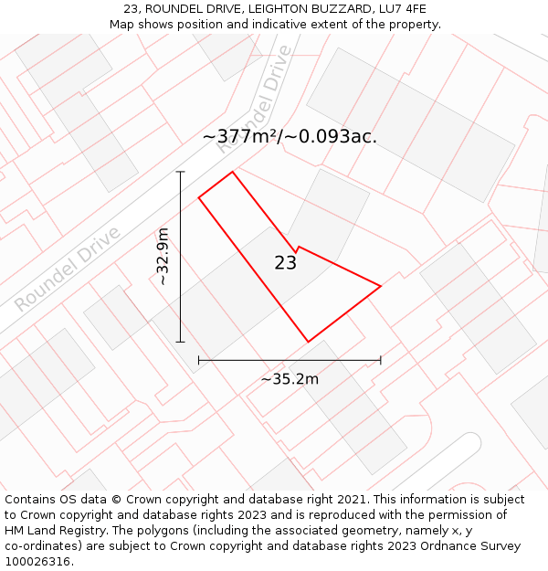 23, ROUNDEL DRIVE, LEIGHTON BUZZARD, LU7 4FE: Plot and title map