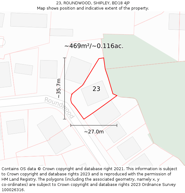 23, ROUNDWOOD, SHIPLEY, BD18 4JP: Plot and title map