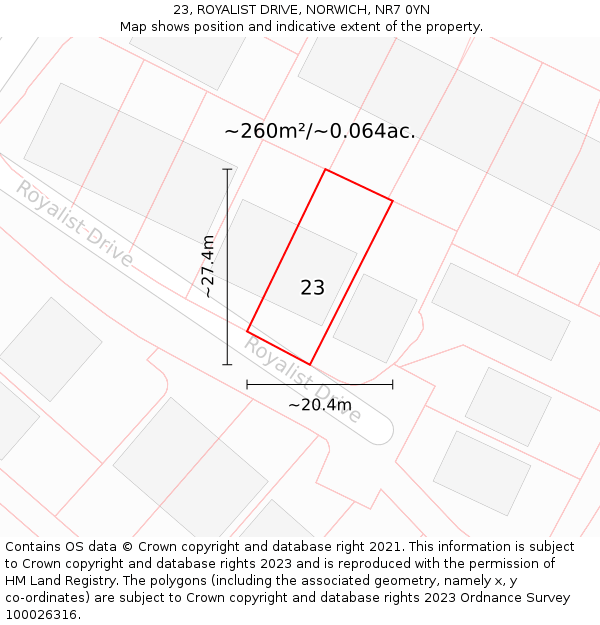 23, ROYALIST DRIVE, NORWICH, NR7 0YN: Plot and title map