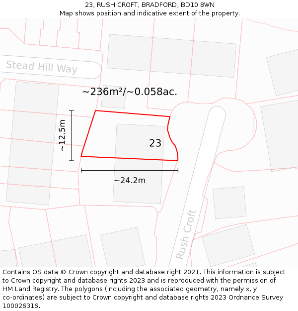 23, RUSH CROFT, BRADFORD, BD10 8WN: Plot and title map