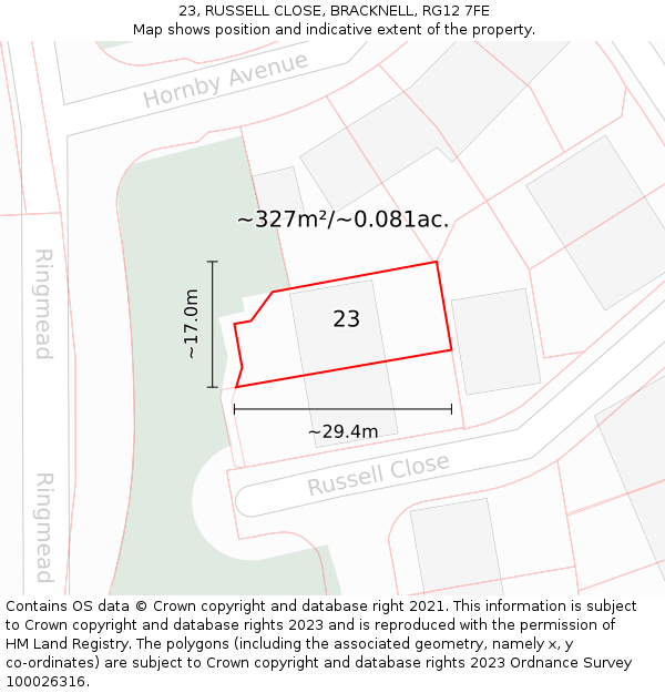 23, RUSSELL CLOSE, BRACKNELL, RG12 7FE: Plot and title map