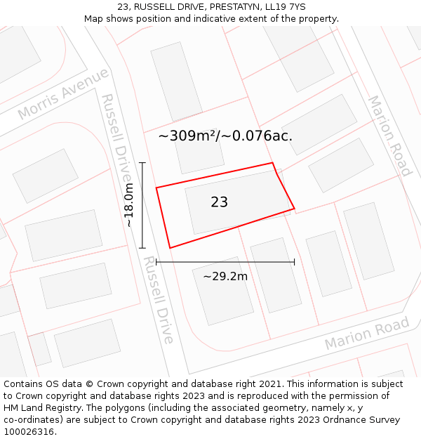 23, RUSSELL DRIVE, PRESTATYN, LL19 7YS: Plot and title map