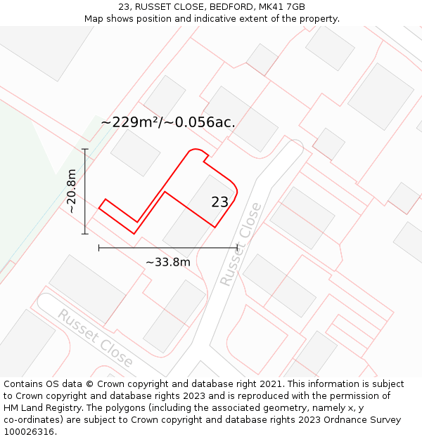 23, RUSSET CLOSE, BEDFORD, MK41 7GB: Plot and title map