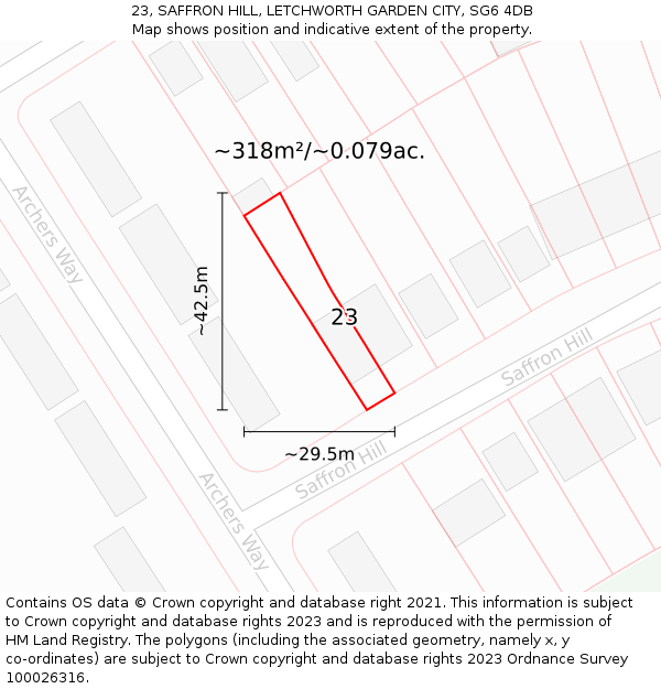 23, SAFFRON HILL, LETCHWORTH GARDEN CITY, SG6 4DB: Plot and title map