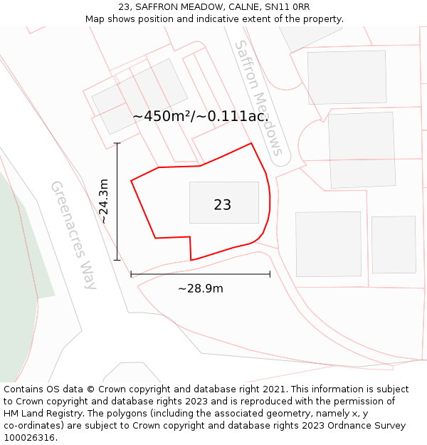 23, SAFFRON MEADOW, CALNE, SN11 0RR: Plot and title map