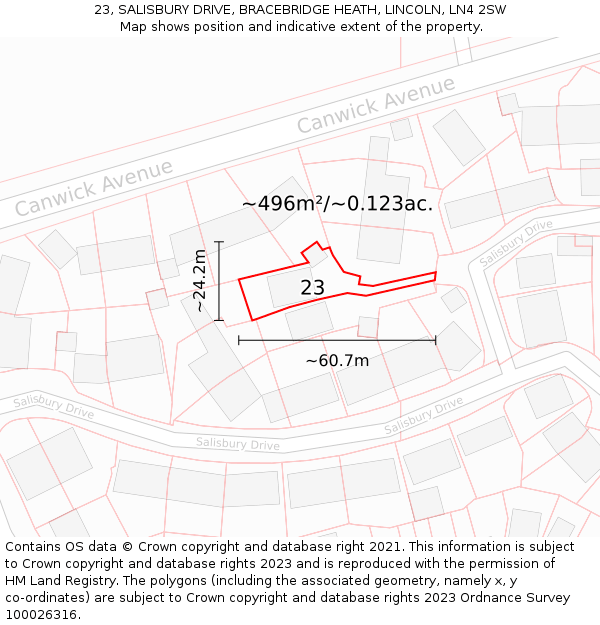 23, SALISBURY DRIVE, BRACEBRIDGE HEATH, LINCOLN, LN4 2SW: Plot and title map