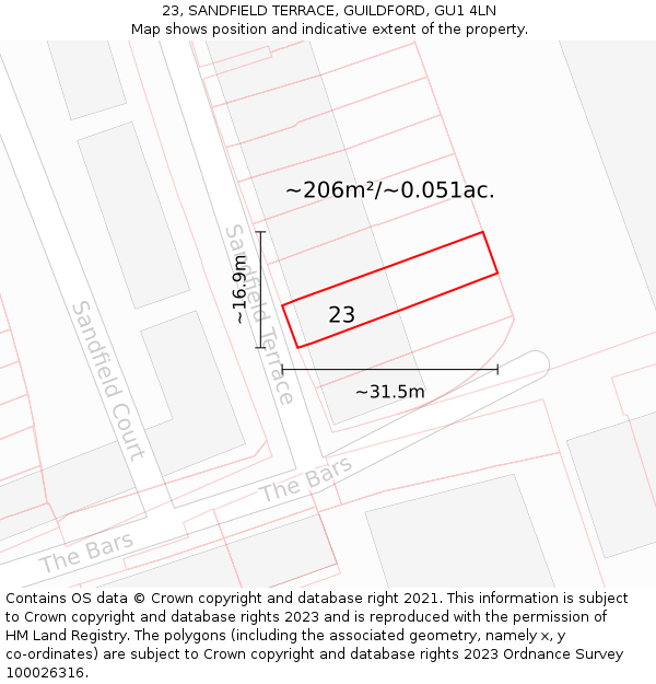 23, SANDFIELD TERRACE, GUILDFORD, GU1 4LN: Plot and title map