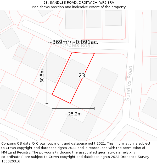 23, SANDLES ROAD, DROITWICH, WR9 8RA: Plot and title map