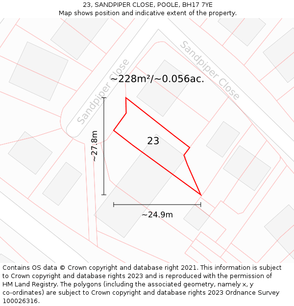 23, SANDPIPER CLOSE, POOLE, BH17 7YE: Plot and title map