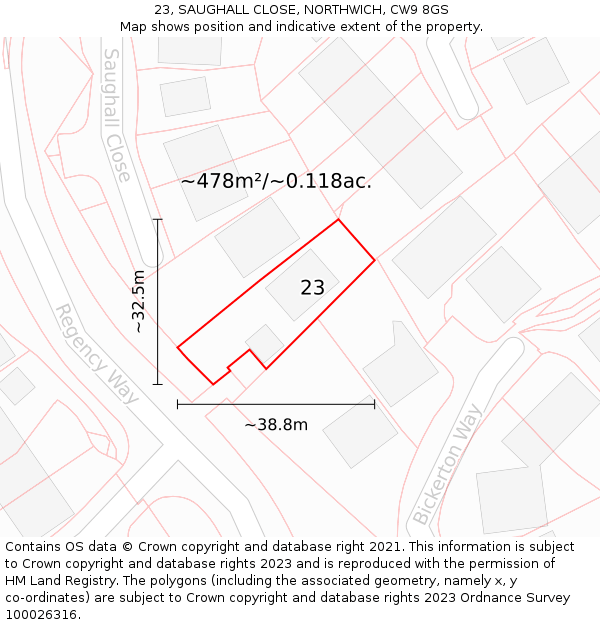 23, SAUGHALL CLOSE, NORTHWICH, CW9 8GS: Plot and title map