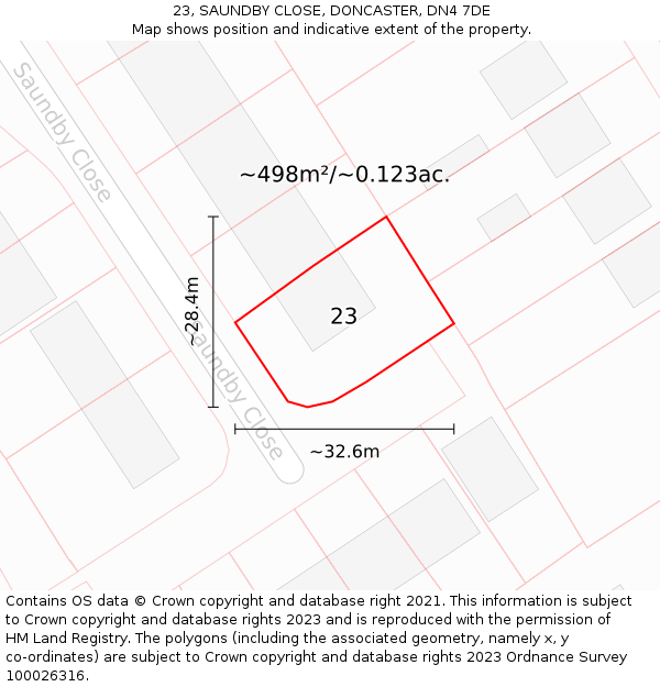 23, SAUNDBY CLOSE, DONCASTER, DN4 7DE: Plot and title map