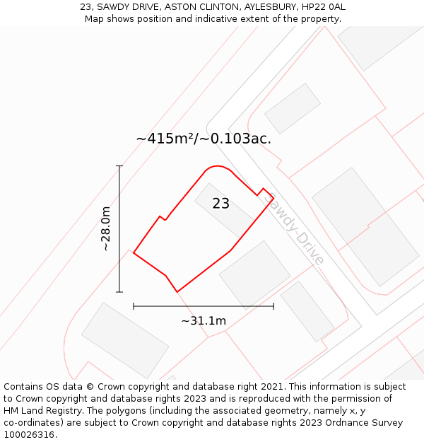 23, SAWDY DRIVE, ASTON CLINTON, AYLESBURY, HP22 0AL: Plot and title map