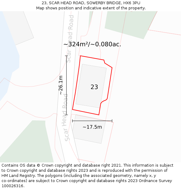 23, SCAR HEAD ROAD, SOWERBY BRIDGE, HX6 3PU: Plot and title map