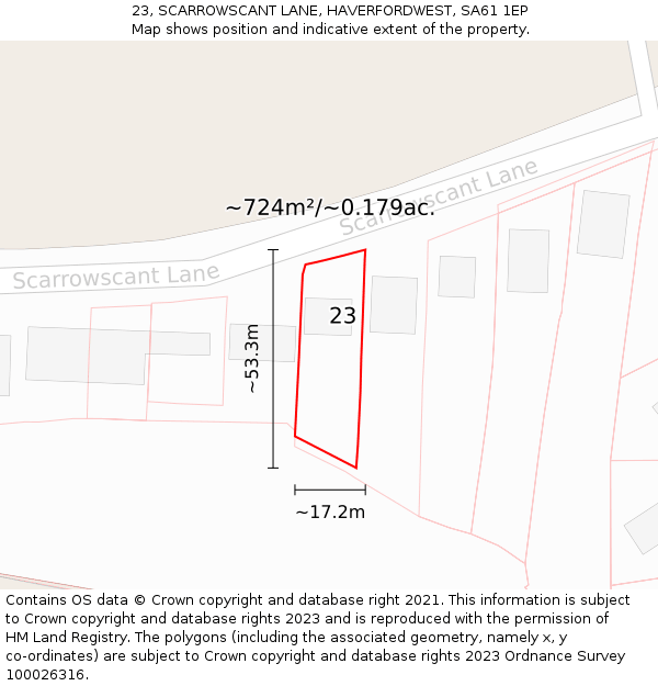 23, SCARROWSCANT LANE, HAVERFORDWEST, SA61 1EP: Plot and title map