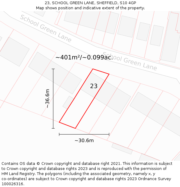 23, SCHOOL GREEN LANE, SHEFFIELD, S10 4GP: Plot and title map