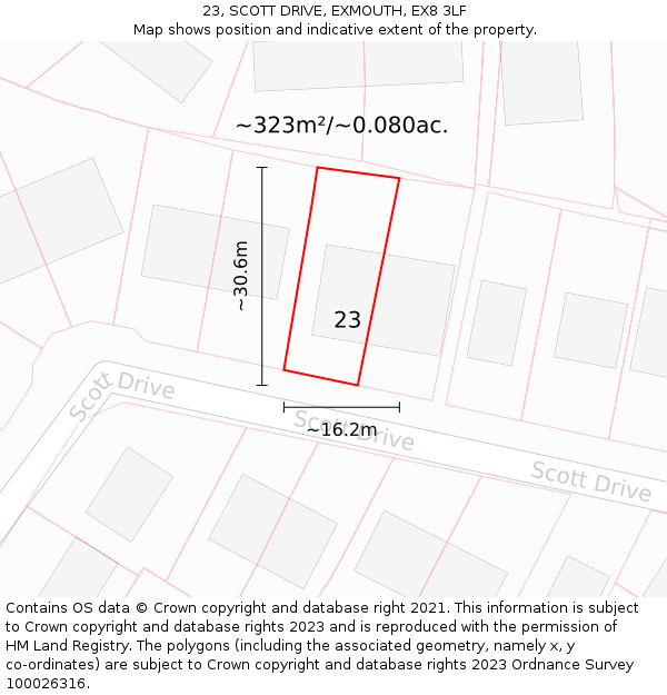 23, SCOTT DRIVE, EXMOUTH, EX8 3LF: Plot and title map