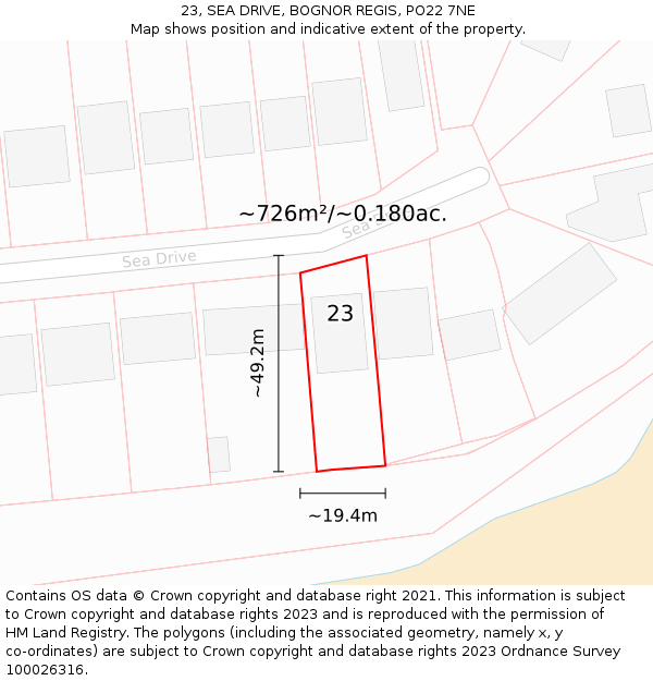 23, SEA DRIVE, BOGNOR REGIS, PO22 7NE: Plot and title map