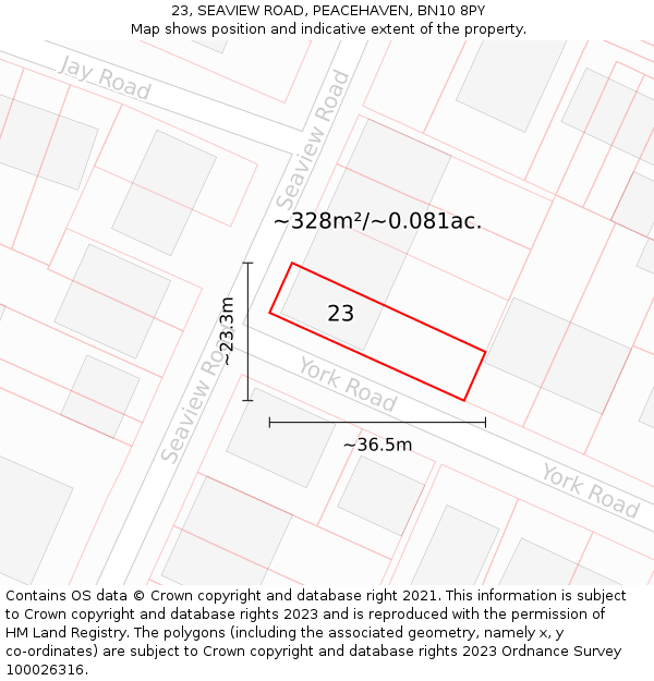 23, SEAVIEW ROAD, PEACEHAVEN, BN10 8PY: Plot and title map