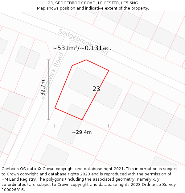 23, SEDGEBROOK ROAD, LEICESTER, LE5 6NG: Plot and title map