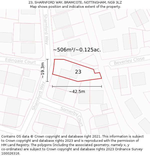 23, SHARNFORD WAY, BRAMCOTE, NOTTINGHAM, NG9 3LZ: Plot and title map