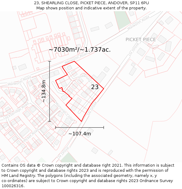 23, SHEARLING CLOSE, PICKET PIECE, ANDOVER, SP11 6PU: Plot and title map