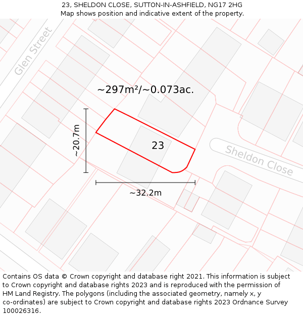 23, SHELDON CLOSE, SUTTON-IN-ASHFIELD, NG17 2HG: Plot and title map