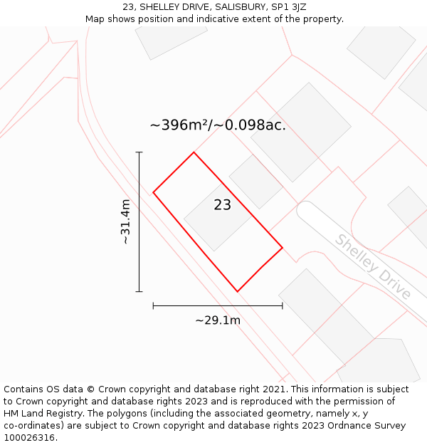 23, SHELLEY DRIVE, SALISBURY, SP1 3JZ: Plot and title map