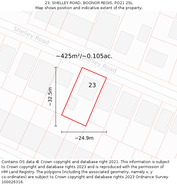 23, SHELLEY ROAD, BOGNOR REGIS, PO21 2SL: Plot and title map