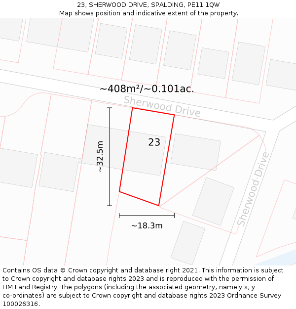 23, SHERWOOD DRIVE, SPALDING, PE11 1QW: Plot and title map