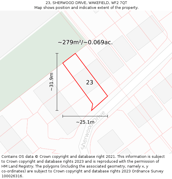 23, SHERWOOD DRIVE, WAKEFIELD, WF2 7QT: Plot and title map