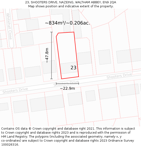 23, SHOOTERS DRIVE, NAZEING, WALTHAM ABBEY, EN9 2QA: Plot and title map