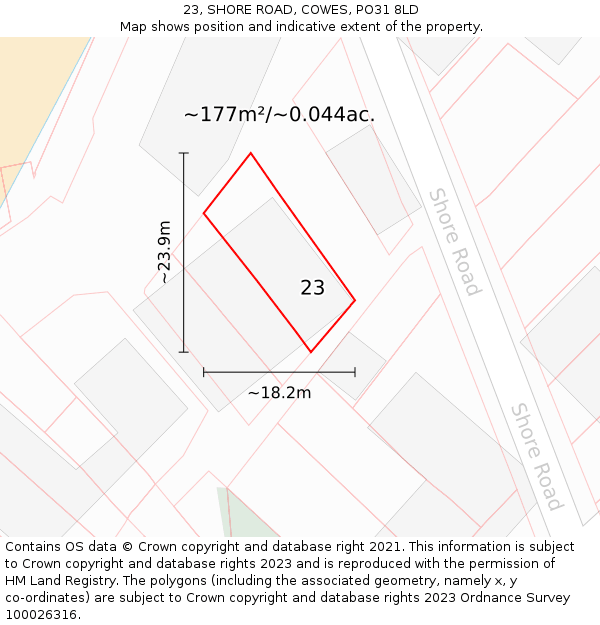 23, SHORE ROAD, COWES, PO31 8LD: Plot and title map