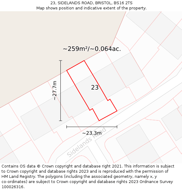 23, SIDELANDS ROAD, BRISTOL, BS16 2TS: Plot and title map